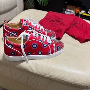 Christian Louboutin Red and White Spiked Sneakers